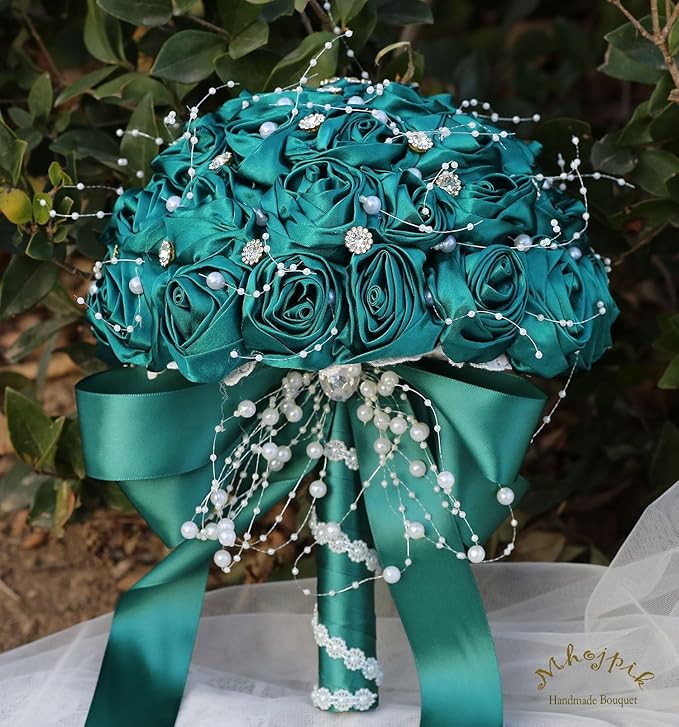 Bridal Wedding Bouquet Round Bling Brooch Bouquet Throw Toss Artificial Rose Flower Bunch for Bride Bridesmaid Wedding Quinceanera(Dark Green, 8.7")