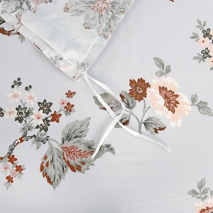 FADFAY Duvet Cover Set Twin XL Elegant Floral College Bedding Shabby Grey Bird Print Flower Quilt Cover Set 100% Cotton Soft Comforter Cover Set with Zipper Closure 3Pcs, Twin XL Size for Dorm Room