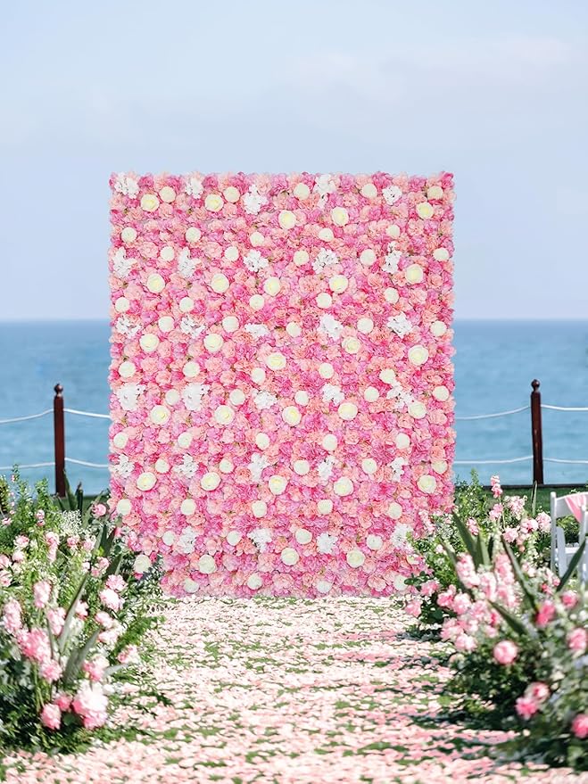 Rose Flower Wall Backdrop Panels 5ftx3.74ft Pink White Artificial Wedding Backdrop 3D Fake Floral Wall for Baby Shower Birthday Party Stage Photo Home Decor