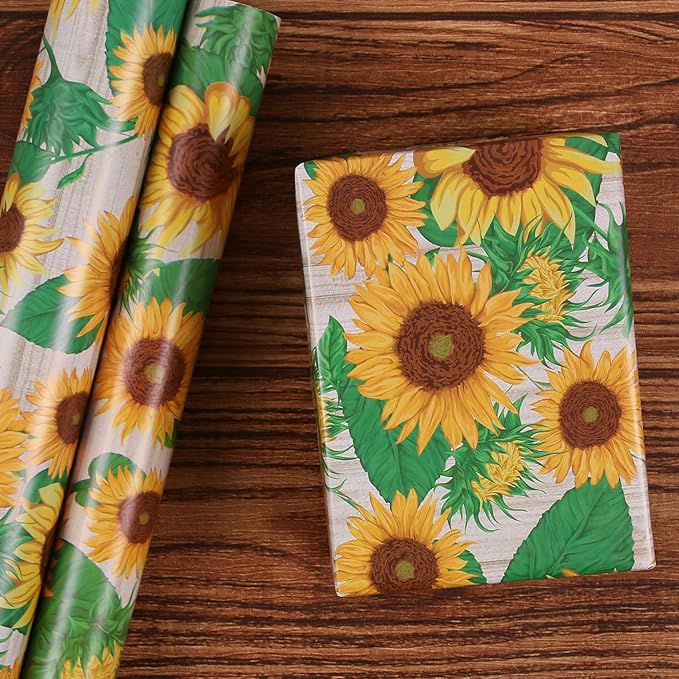 Aimyoo Sunflower Floral Wrapping Paper Roll 17 in x 10 ft, Yellow Flower Gift Wrap for Wedding Bridal Shower Women Birthday