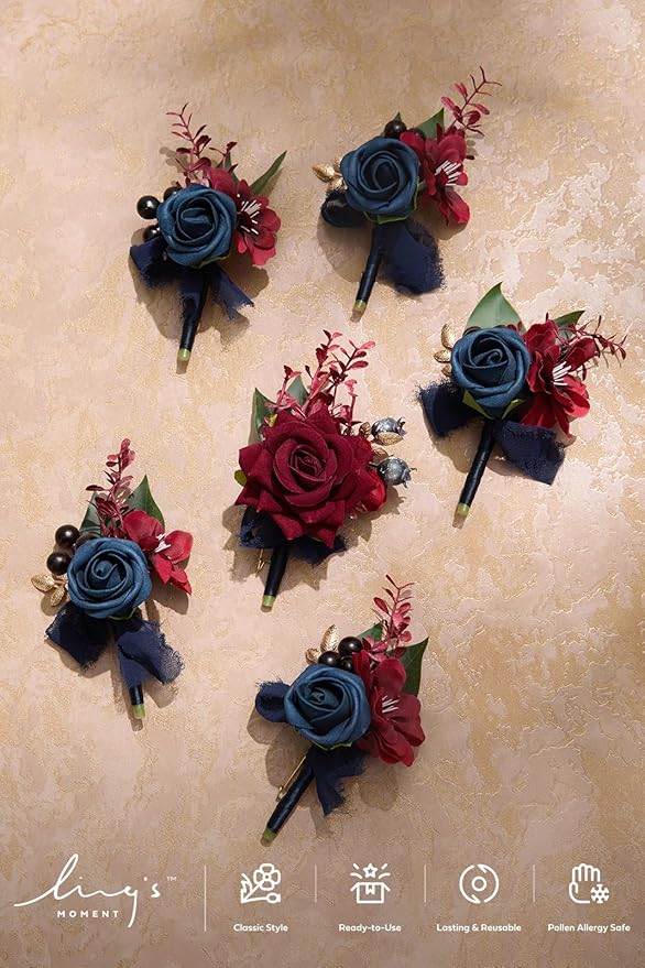Ling's moment Boutonniere for Men, 6pcs Groom Groomsmen Boutonniere, Artificial Flowers for Wedding Decor/Prom/Homecoming, etc.Navy Blue Burgundy