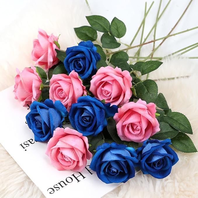 Hawesome Fake Roses Artificial Silk Flowers - 12 Pcs Pink Roses Artificial Faux Flowers with Stems for Home Wedding Centerpiece Hotel Office Decor