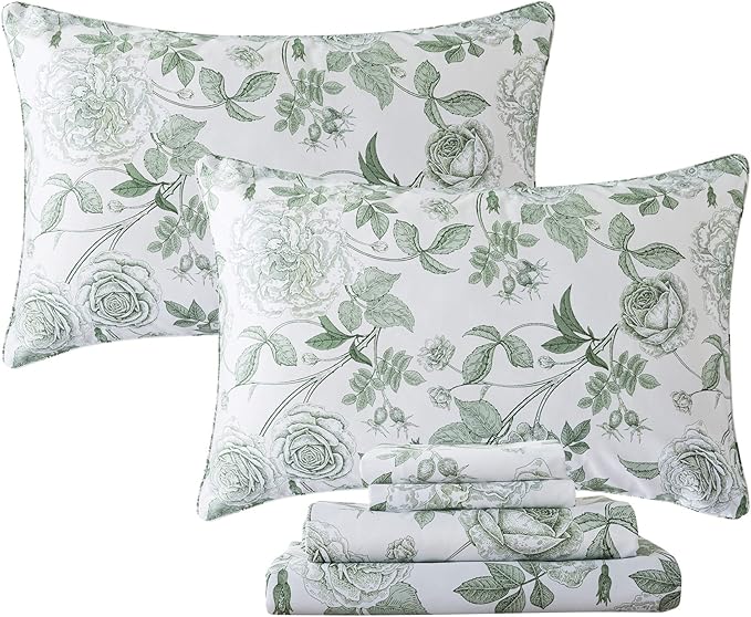 FADFAY Sheets Set Vintage White and Green Floral Bedding Elegant Peony Sheets Shabby Rose Farmhouse Bedding 100% Egyptian Cotton 800 Thread Count Deep Pocket Fitted Sheet 4Pcs, California King Size