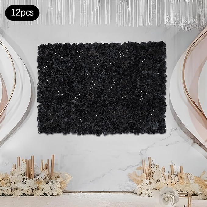 Flower Wall Panel Set,Black Artificial Wall Flower Backdrop,12 Pcs 14.96" X 14.96" 3D Silk Hydrangea Rose Floral Panel,Faux Roses Artificial Flower Backdrop for Wall Decor