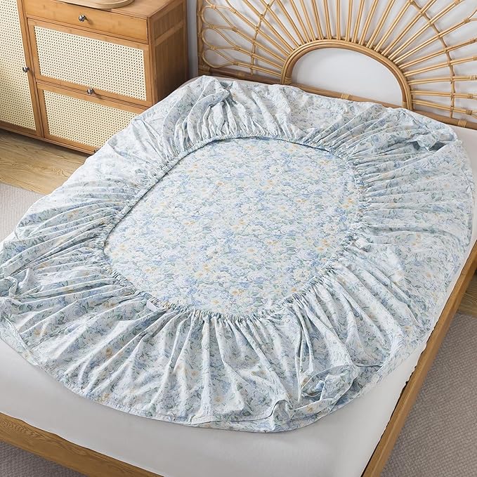 FADFAY 100% Cotton King Bed Sheet Set, 4 Piece Blue Yellow Rose Floral Bedding, Soft Breathable Cooling Sheets with Deep Pocket Fitted Sheet, Flat Sheet & 2 Pillowcases, Farmhouse Vintage Sheets