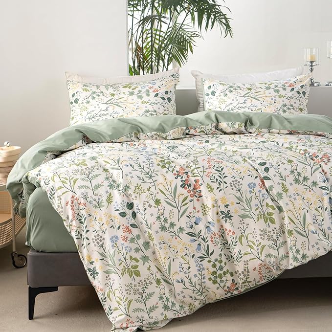 mixinni Sage Green Duvet Cover Set King-Exquisite Floral King Size Comforter Set for All Seasons, 3 Pieces, 1 Wildflower Plants Duvet Cover (104"x90") and 2 Pillow Cases (20"x36"), Sage Green