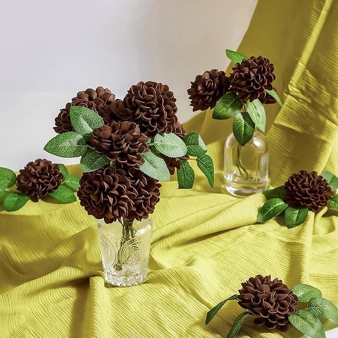 Artificial Flowers, 50pcs Artificial Rose for DIY Bouquets Arrangement, Brown Dahlia Flowers Foam Fake with Stems for Wedding Shower Party Floral Arrangements Tables Home Decorations