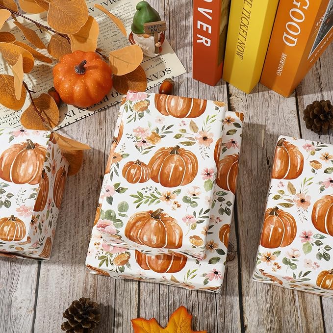 JarThenaAMCS Fall Wrapping Paper Roll 17 In x 32.8Ft Floral Pumpkin Gift Wrap Paper Watercolor Autumn Flower Decorative Art Paper for Thanksgiving Harvest
