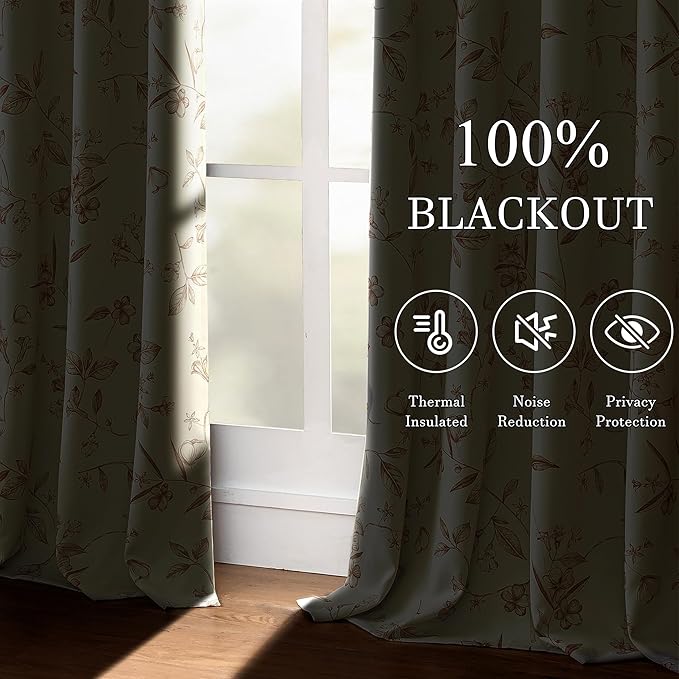 ChrisDowa Beige 100% Blackout Floral Curtains 72 Inches Long 2 Panels for Bedroom Living Room Brown Flower Patterned Room Darkening Thermal Insulated Soundproof Grommet Window Treatments Drapes,52X72