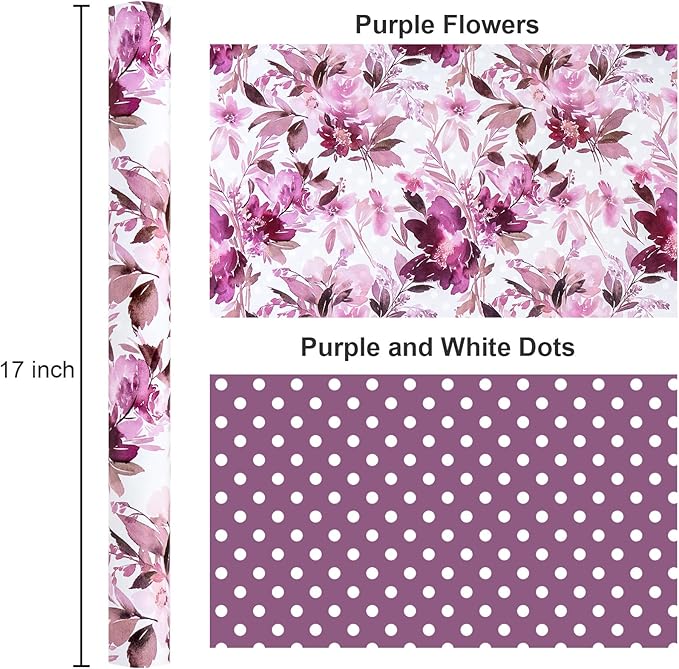 Burymento Purple flowers Wrapping Paper, Reversible Color Happy Birthday Gift Wrap for Birthday, Valentines, Mothers day, Graduation, Wedding, Fathers day, Baby Shower, Christmas (17in x 16.4ft)