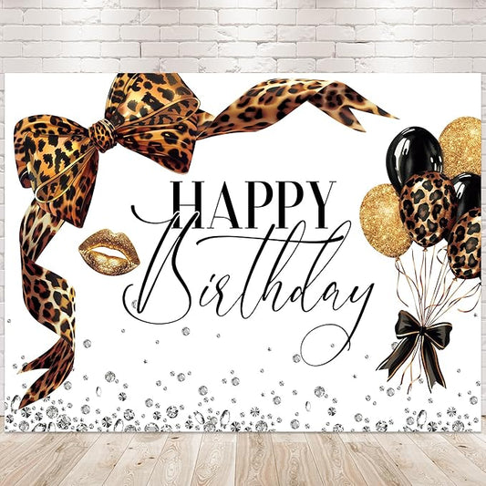Leopard Print Bow Backdrop 8Wx6H Photography Brown White Gold Beauty Modern Bowknot Balloons Diamond Bownot Background Fashion Girly Party Decorations Banner Photo Booth Props Supplies
