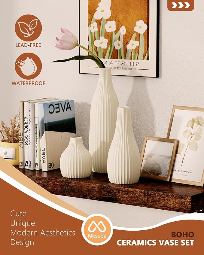 Decorative Flower Vase Set of 3 - Modern Boho Style Beige Vases,Ribbed Textures Ceramic Vase for Home Decor Shelf Bookshelf Mantle TV Stand Entryway Console,Dining Table Centerpiece Decor