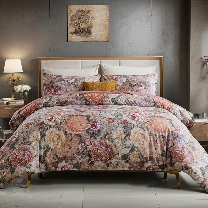 100% Cotton Duvet Cover Queen Size – Vintage Floral Duvet Cover Set with Zipper Closure & Corner Ties, 3-Piece Luxury & Silky Soft Bedding Set for All Seasons