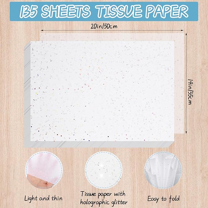 woric 135 Sheets White Tissue Paper for Gift Bags 20 x 14 Inch Glitter Tissue Paper for Birthday Baby Shower Wedding Christmas Decor Art DIY Crafts