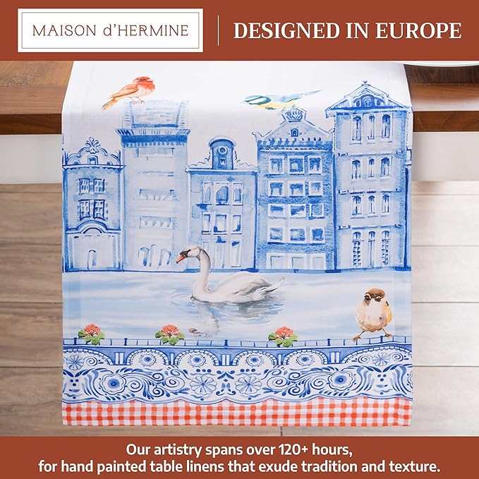 Maison d'Hermine Table Runner 100% Cotton Single Layer TableRunners 72 inches Long Decorative for Home Kitchen Dining Party Baby Shower Wedding Bridal Shower SpringSummer(Amsterdam Canals,14.50"x72")
