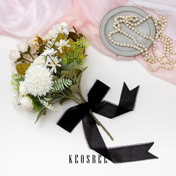3 Rolls Black Handmade Chiffon Ribbon,1.5" x 21Yd Frayed Fringe Silk Ribbons (3 Rolls *7Yd) for Gifts Wrapping, Wedding Invitations, Bridal Bouquets, Decorations
