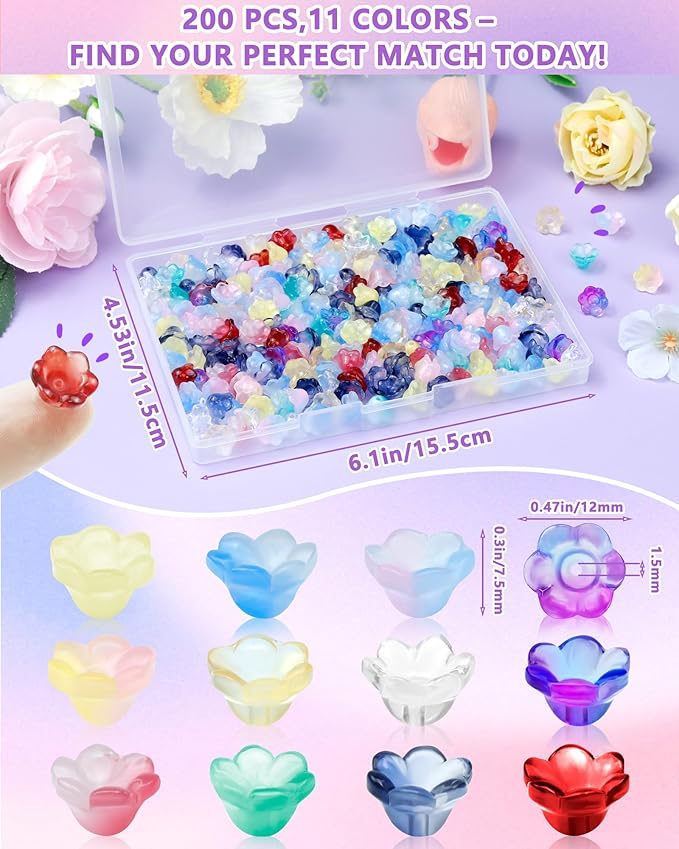 FIVEIZERO 200PCS Glass Lily Bell Flower Beads, 11 Colors Trumpet Crystal Floral Bead Charms for Bracelets, Necklaces & DIY Jewelry Making