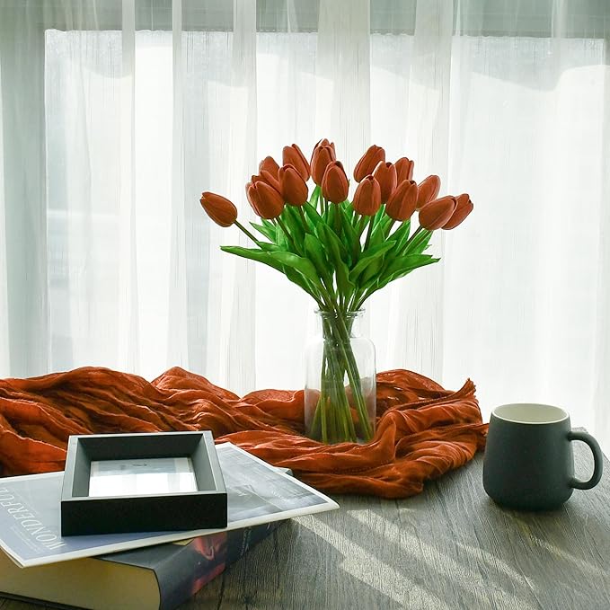 Mandy's Artificial Tulips 20 Stems Terracotta PU Faux Flowers for Thanksgiving and Christmas Decorations Wedding Home Decor 13.5 Inch