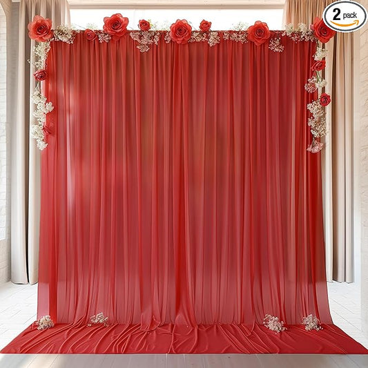 10ft x 10ft Red Backdrop Curtain Drapes, Wrinkle-Free Sheer Chiffon Fabric Photo Backdrop Panels for Wedding Arch Party Ceremony Stage Decoration