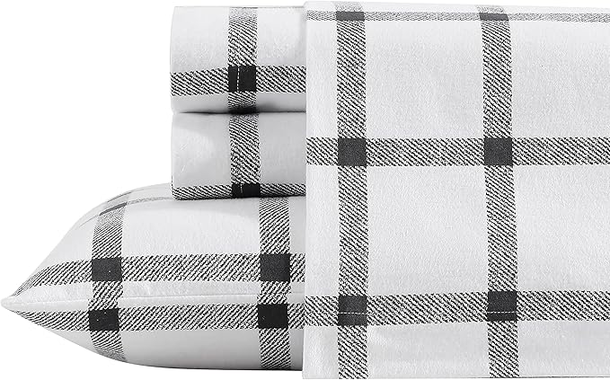 Eddie Bauer - Flannel Sheets Full Size, Anti-Pilling & Wrinkle Resistant Cotton, Touchably Soft for All-Season Comfort - Bed Sheets with Matching Pillowcases & Fitted Sheet (Bunkhouse Plaid Charcoal)