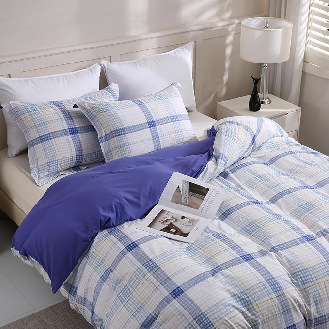 LONAVA Queen Plaid 3 Pcs Duvet Cover Set, Breathable Soft Microfiber Peri Lining Comforter Cover with Zipper Closure, and 2 Anti-Pilling, Fade Resistant Pillowcases, Blue Plaid