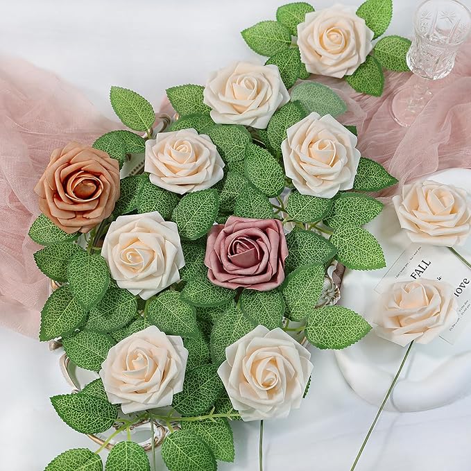 Meldel Artificial Flower 25pcs Real Touch Champagne Rose Fake Foam Roses with Stems for DIY Wedding Bouquets Gifts Bridal Shower Faux Floral Centerpieces Arrangements Home Party Tables Decorations