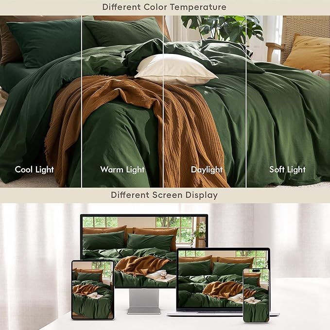 MooMee Bedding Duvet Cover Set 100% Washed Cotton Linen Like Textured Breathable Durable Soft Comfy (Solid Forest Green, Queen 90"x90")