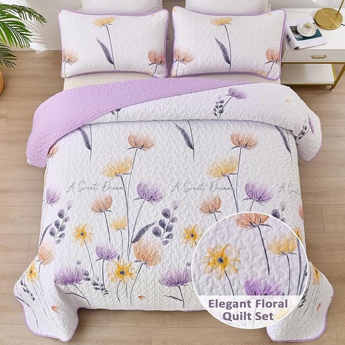 Dinjoy Floral Quilt Set Queen Size,Purple Bedspread Coverlet Botanical 3 Pieces Cute Fall Quilts Microfiber Lightweight Farmhouse Bedspreads Comforter Soft Bed Cover Sets for All Season(96"x90")