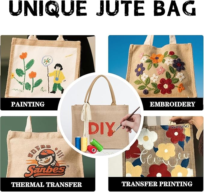 10pcs Burlap Tote Bag Set with Handles, Waterproof Reusable Blank Water Resistant Grocery Bags with Ribbon Large Jute Tote 15.4*6*12 In for Women Bridesmaid Gift Christmas Shopping Wedding Travel DIY