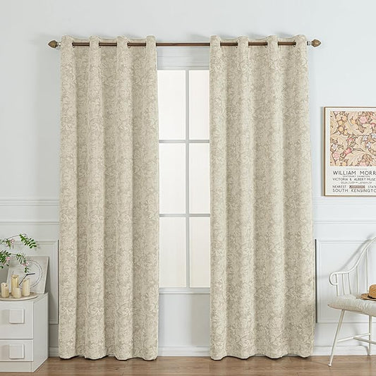 Chenille Floral Blackout Curtains 84 Inch Length 2 Panels Set - Bedroom Living Room Darkening Thermal Insulated Black Out Window Treatments Grommet Jacquard Drapes 52 Inch Wide Beige