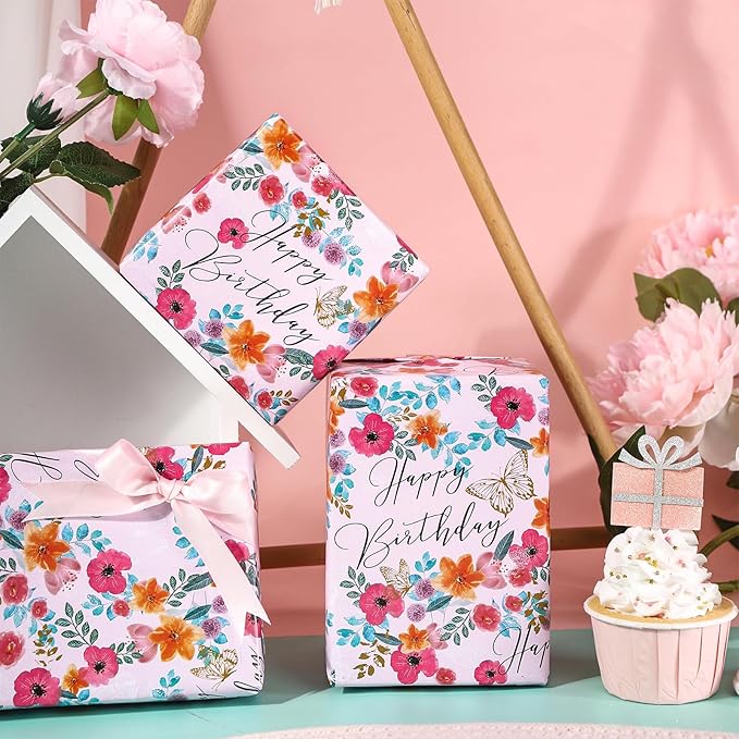 LeZakaa Happy Birthday Wrapping Paper Roll for Girls Women, Pink Floral & Butterfly, Birthday Party Gift Wrap for Girl, Women, Female, Mini Roll, 17 In x 32.8 Ft