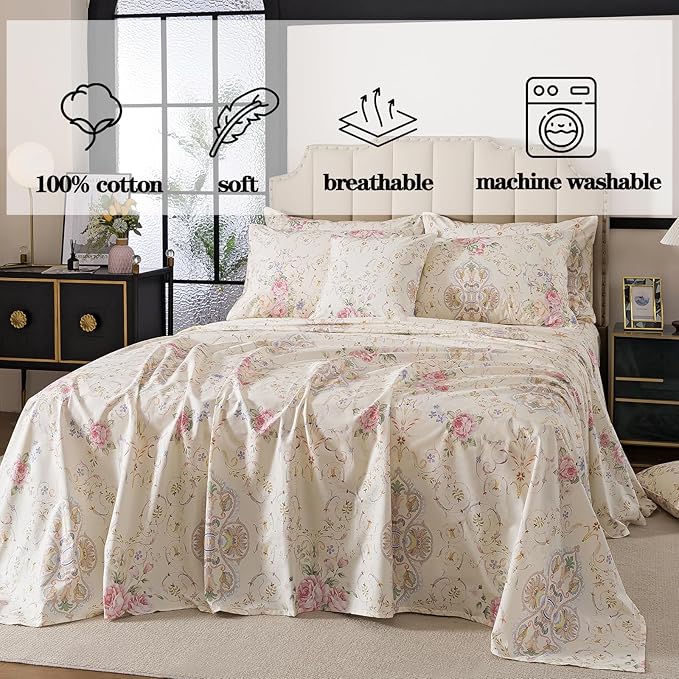 FADFAY 100% Cotton Pink Rose Floral 4-Piece Twin Bed Sheet Set, Soft Breathable Cooling Sheets with Deep Pocket Fitted Sheet, Flat Sheet & Pillowcases, All Season Romantic Vintage Bedding
