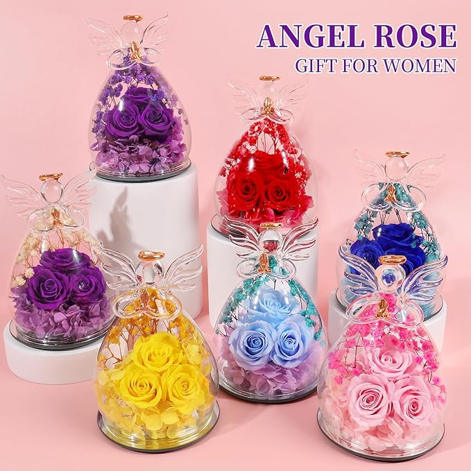 Beferr Christmas Birthday Gifts for Women, Mom Gifts for Christmas Fresh Flowers for Delivery Prime Forever Preserved Rose in Glass Angel Figurine Xmas Gifts for Grandma Wife Sister Her, Dark Blue