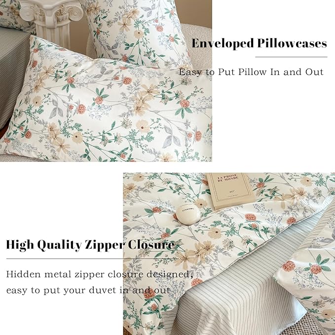 EAVD Fresh Garden Botanical Floral Duvet Cover King Soft 100% Cotton Chic Floral Leaves Print Bedding Set with 2 Pillowcases Aesthetic Botanical Comforter Cover with Zipper Closure