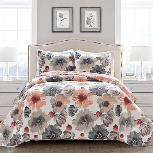 Lush Decor Leah Reversible Floral Quilt Set, 3 Piece Set, King, Coral & Gray - Watercolor Botanical - Cottage Core - French Country Decor- Bedding Queen Size