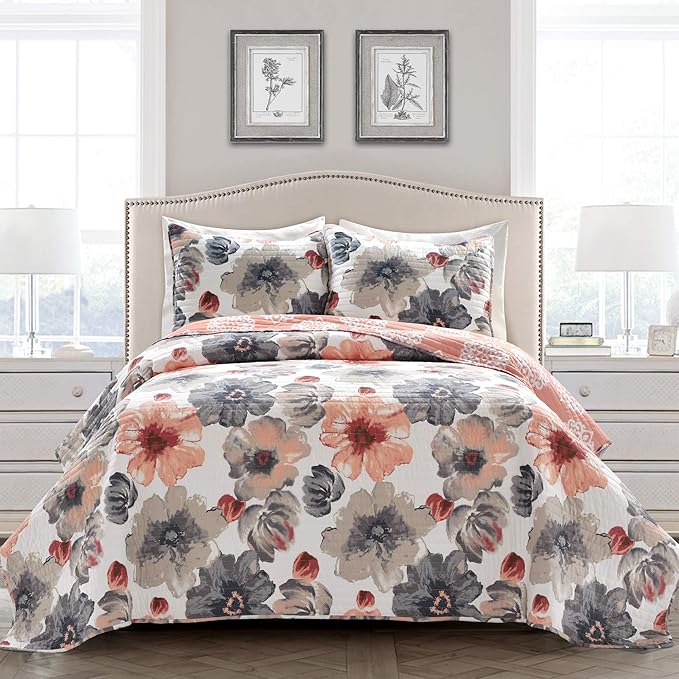 Lush Decor Leah Reversible Floral Quilt Set, 3 Piece Set, Full/Queen, Coral & Gray - Watercolor Botanical - Cottage Core - French Country Decor- Bedding Queen Size