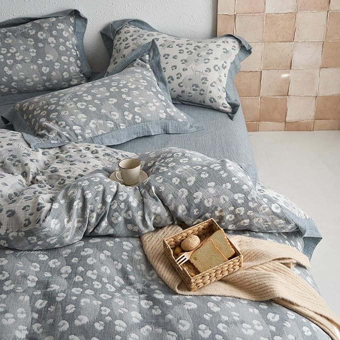 Leopard Print Duvet Cover Full Premium Yarn-Dyed Cotton Linen Jacquard Duvet Cover Grey Leopard Print Bedding Set Aesthetic Floral Leopard Comforter Cover with Zipper Closure Farmhouse Bedding Set