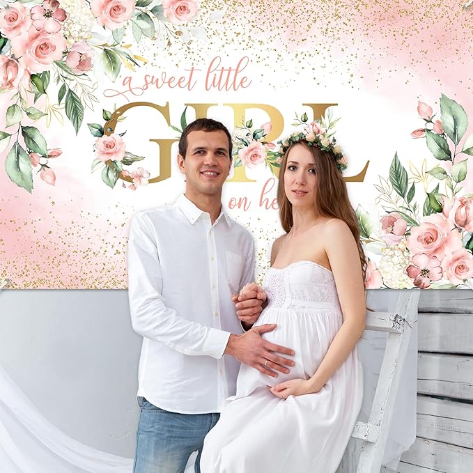 Avezano Girl Baby Shower Backdrop Pink Floral Sweet Baby Baby Shower Banner A Sweet Little Girl is on Her Way Party Decorations Banner 70.8 x 43.3 Inch