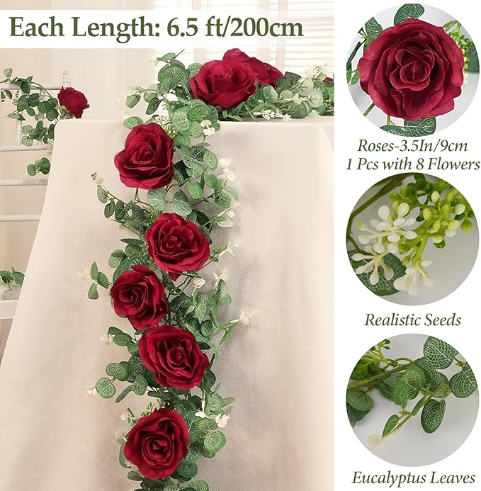 Dolicer 4Pcs 26Ft Artificial Eucalyptus Garlands with Flowers - 8 Roses, Faux Floral Greenery Garlands Fake Flowers Vines for Wedding Table Centerpieces Arch Party Ceremony Backdrop Decor (Red)