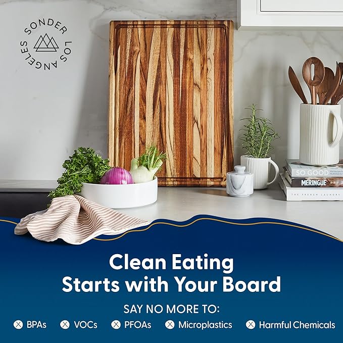 Sonder Los Angeles, XL Thick Teak Wood Cutting Board for Kitchen with Juice Groove, Sorting Compartments, Charcuterie Cheese Board 20x15x1.5 in (Gift Box Included)