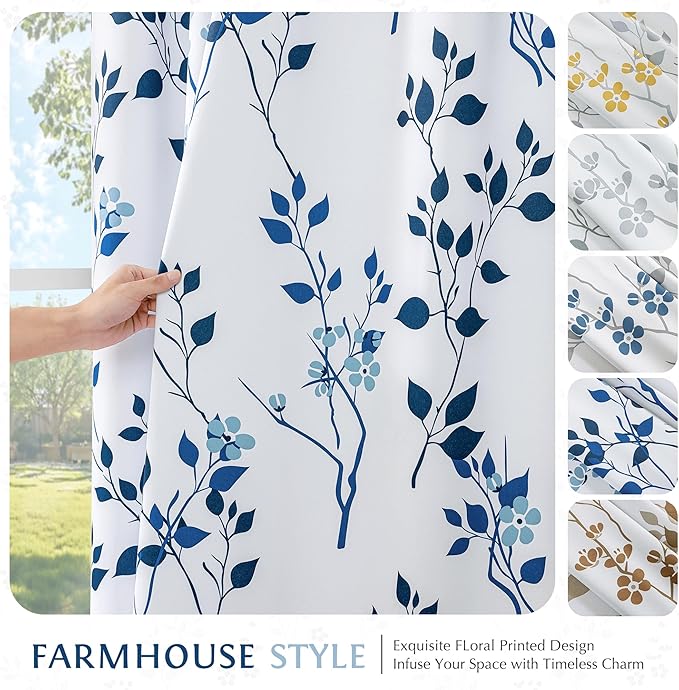 Beauoop Floral 100% Blackout Curtains 90 Inches Long 2 Panels for Bedroom Living Room Navy Blue and White Flower Patterned Room Darkening Thermal Soundproof Grommet Window Treatments Drapes, 52X90