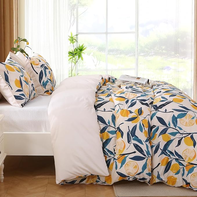 Duvet Cover King Size, Reversible Floral Vintage Duvet Cover Set with Zipper Closure, 3 Pieces Botanical Patterns Soft Microfiber Bedding Set (90"x104", 2 Pillow Cases 20"×36", Lemon Flower Green)