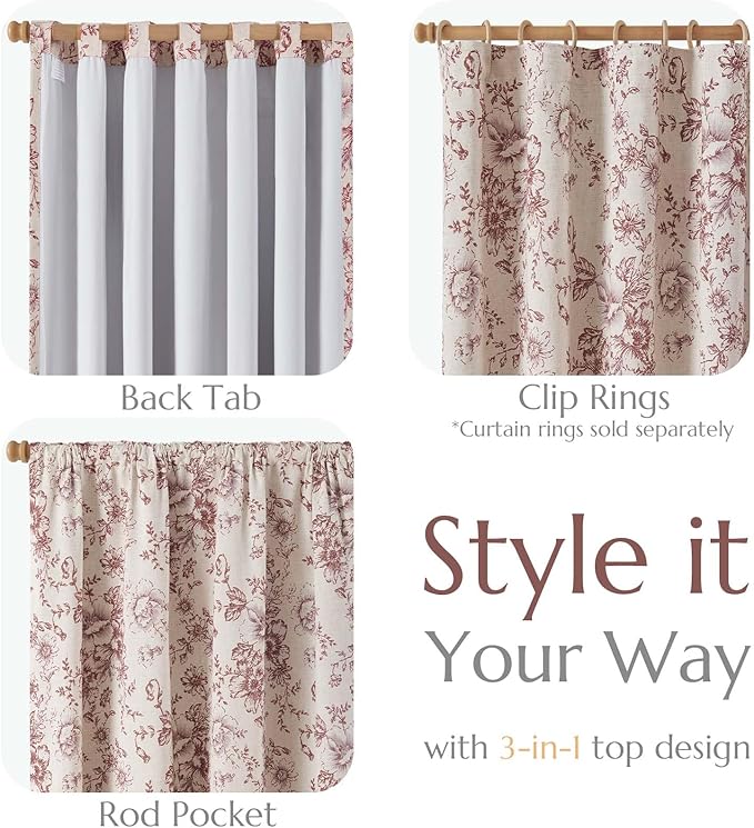 jinchan Blackout Floral Curtains Linen Blend Curtain for Living Room 84 Inch Length Christmas Brick Red Flower Printed Drapes for Bedroom Rod Pocket Back Tab Farmhouse Curtains Set 2 Panels