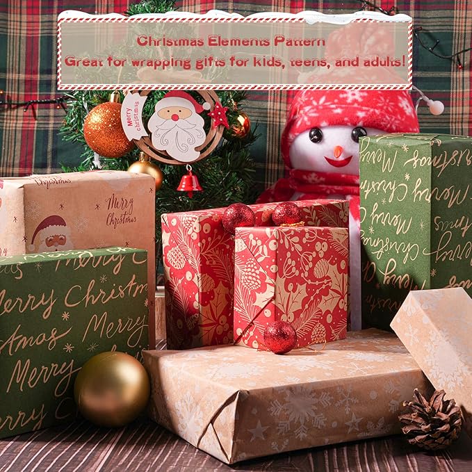 Happypapa Christmas Wrapping Paper, Kraft Xmas Wrapping Paper Rolls - Santa Claus, Trees, Snowflakes and Merry Christmas Pattern - 4 Rolls - 17 Inch × 120 Inch Per Roll