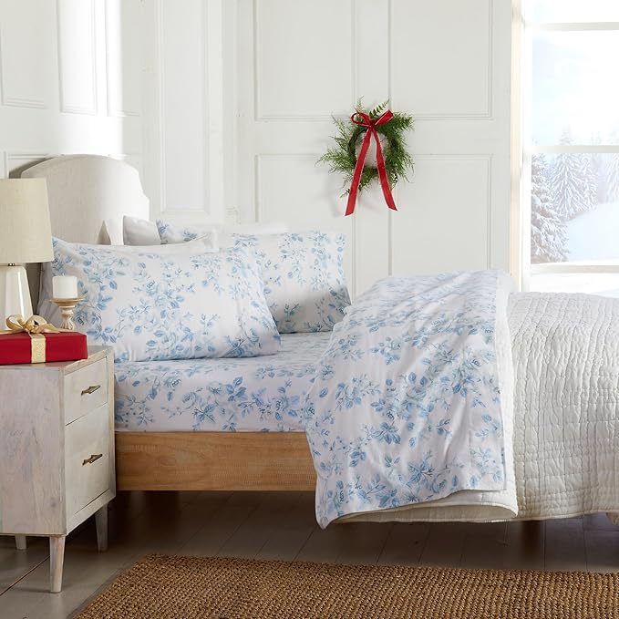 Market & Place 100% Cotton Queen Flannel Sheet Set | 4 Piece Deep Pocket Cozy Winter Floral Bed Sheets | Double Brushed for Extra Softness & Comfort | Alpine Collection (Queen, Vintage Floral)