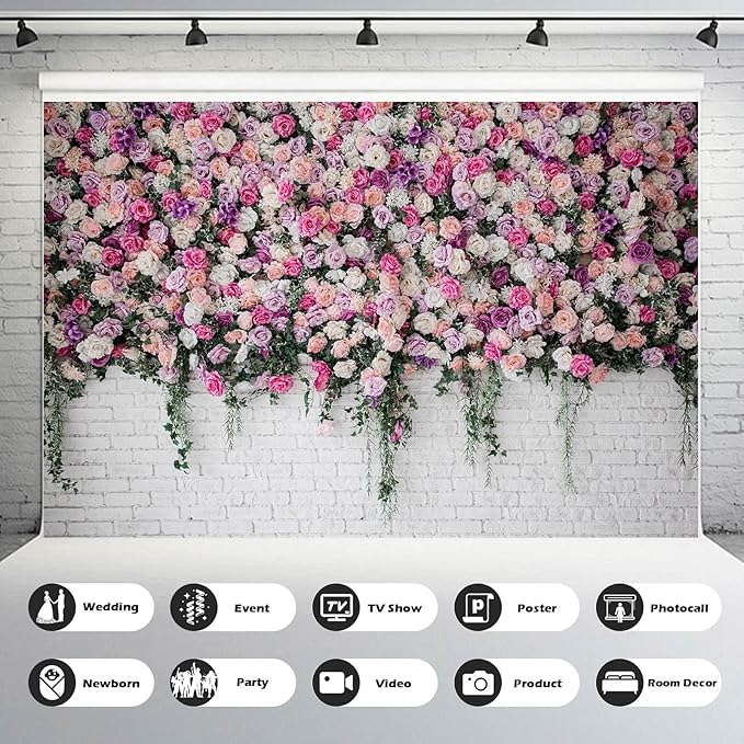 Rose Flowers Backdrop Beautiful Decorative Colorful Roses and Peonies on Brick White Wall Photography Background Interior Wedding Party Decorations Summer Flowers on Wall Building Props 10x6.5ft