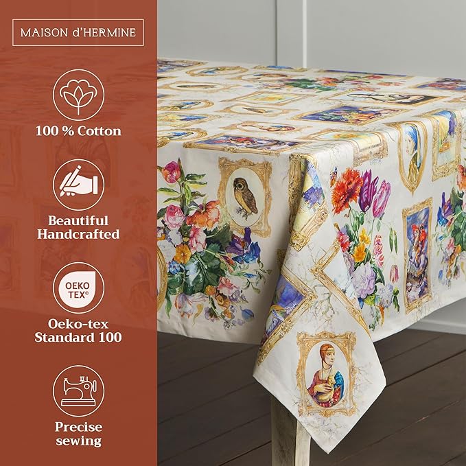 Maison d' Hermine Table Cloth Square Table 100% Cotton 54 x 54 Inches Tablecloth Reusable Decorative Everyday Use for Dining Room, Farmhouse, Home, Party, Festive & Wedding Spring Summer - Masterpiece