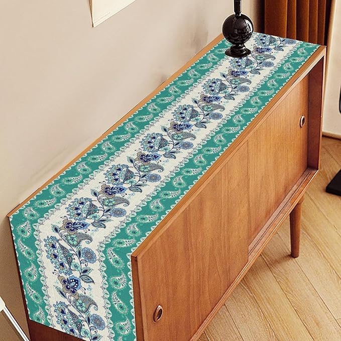 Paisley Table Runner, Rustic Blue Green Bohemian Damask Exotic Flower Cafe Table Center Decor for Home Kitchen Dining Patio Holiday Party Indoor Outdoor Table Decorations 13x72 inch
