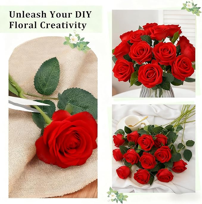 Red Roses Artificial Flowers 15 PCS, Fake Roses Silk Flowers with Long Stems, Faux Rose for Wedding Centerpieces, Home Decor, Indoor Floral Arrangements, Party Decor, DIY Bouquet (Red)