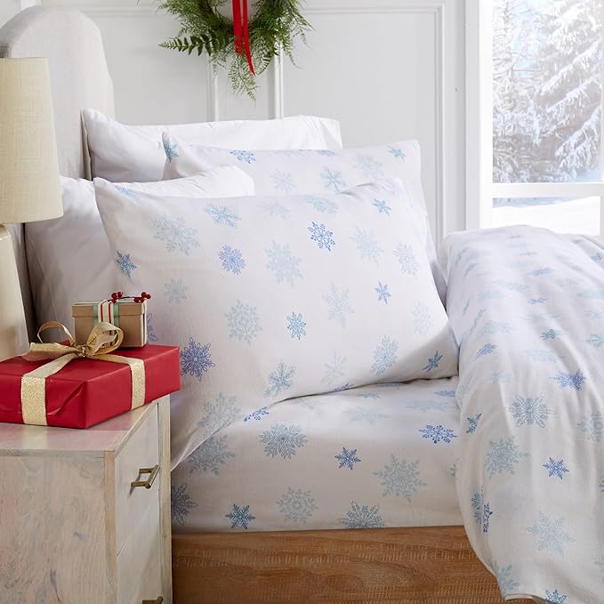 Market & Place 100% Turkish Cotton Flannel Sheet Set | 4 Piece Deep Pocket Novelty Cozy Winter Bed Sheets | Double Brushed for Extra Softness & Comfort | Alpine Collection (Queen, Blue Snowflake)